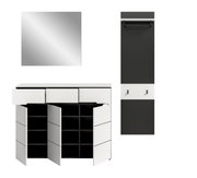 Modernes Flurmöbel-Set in Schwarz-Weiß mit Spiegel, Schuhschrank mit geöffneten Türen und Garderobenpaneel mit Ablage und Haken, dargestellt in Frontansicht