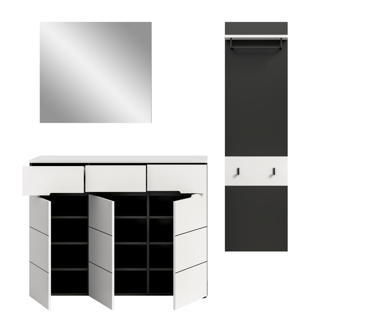 Modernes Flurmöbel-Set in Schwarz-Weiß mit Spiegel, Schuhschrank mit geöffneten Türen und Garderobenpaneel mit Ablage und Haken, dargestellt in Frontansicht