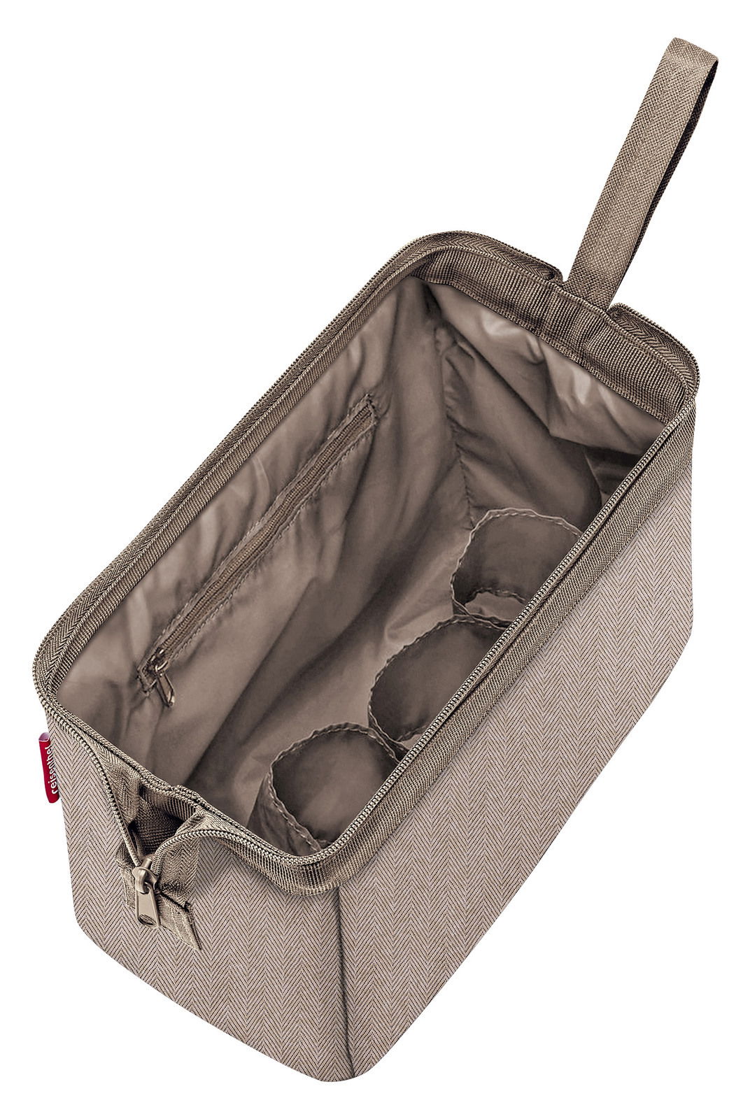 Rechteckige, beige Kosmetiktasche mit Reißverschluss, Innenfächer und Trageschlaufe, Ansicht von oben