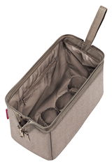 Rechteckige, beige Kosmetiktasche mit Reißverschluss, Innenfächer und Trageschlaufe, Ansicht von oben