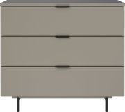 Kommode mit drei Schubladen, frontal abgebildet, in modernem Design mit schwarzen Griffen und Beinen.