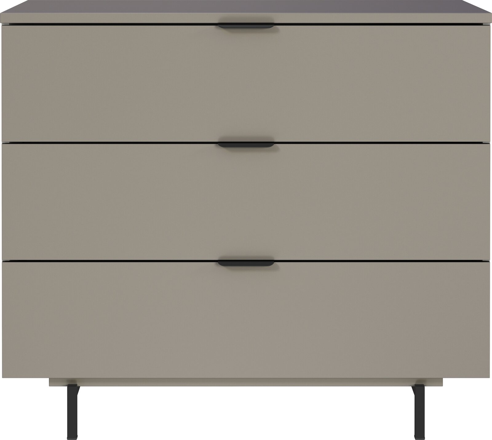 Kommode mit drei Schubladen, frontal abgebildet, in modernem Design mit schwarzen Griffen und Beinen.