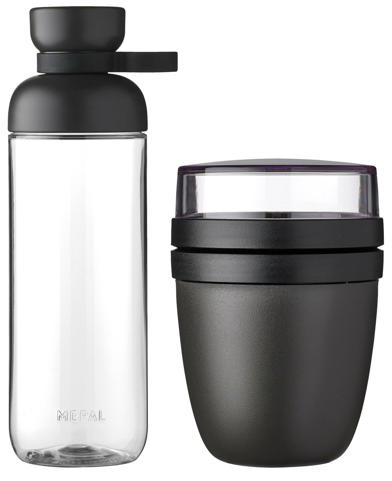 Schwarzes Lunchset bestehend aus einer Trinkflasche und einem Behälter, seitliche Ansicht