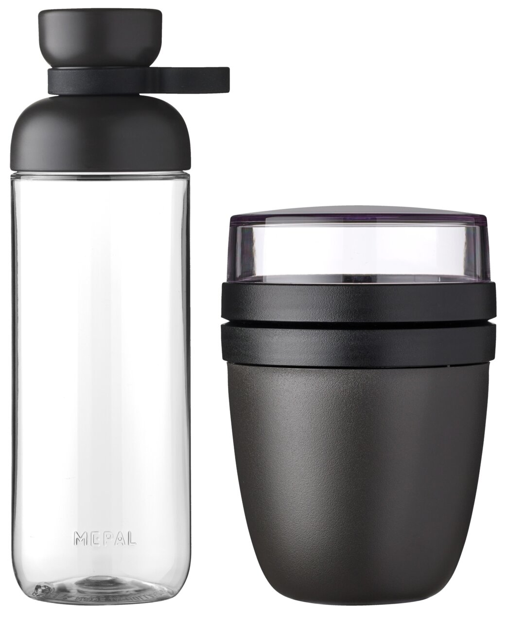 Schwarzes Lunchset bestehend aus einer Trinkflasche und einem Behälter, seitliche Ansicht