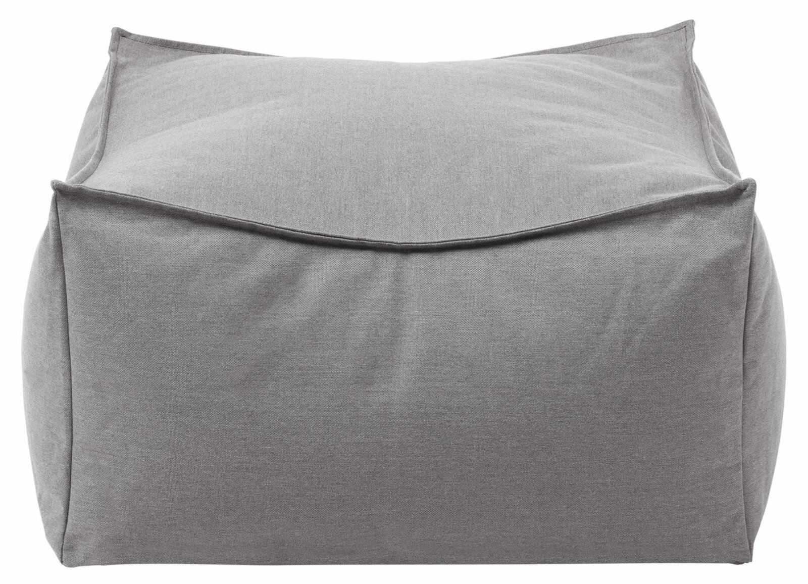 blomus Outdoor Hocker STAY Grauer, quadratischer Sitzpouf aus Stoff mit weicher Polsterung und Paspelkanten, freigestellt vor weißem Hintergrund, Frontansicht leicht von oben