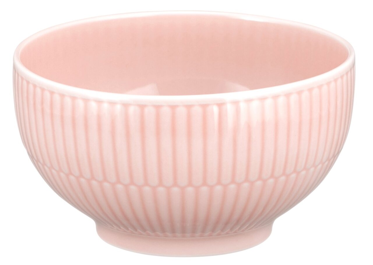 Roze café au lait-kom met geribbeld patroon, zijaanzicht