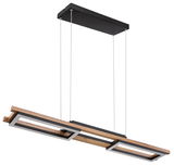 Moderne Hängeleuchte mit rechteckigem Holz- und Metall-Design, seitliche Perspektive