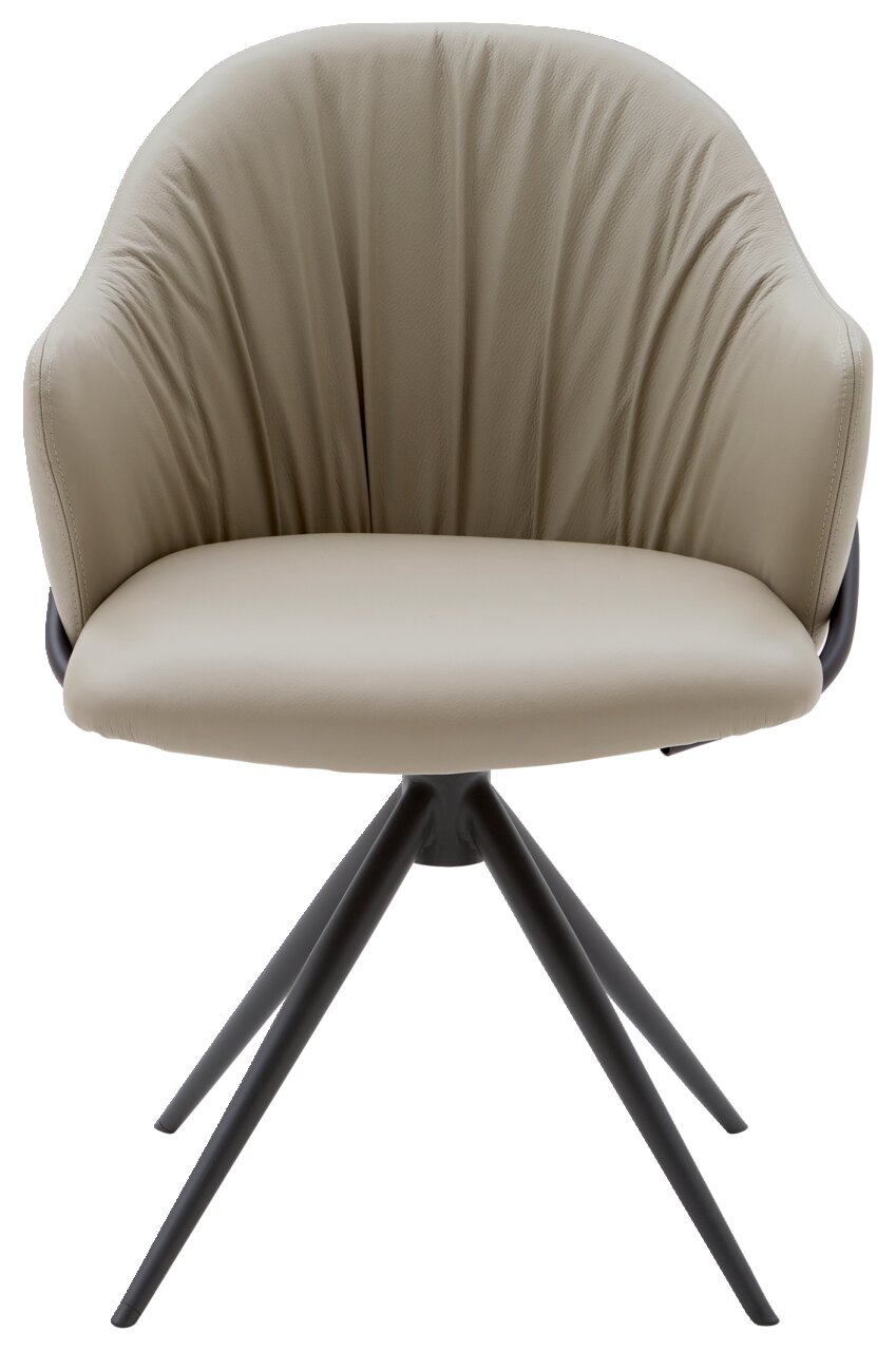 Moderner Armlehnstuhl mit beigem Polster und schwarzem Metallgestell, Frontalansicht