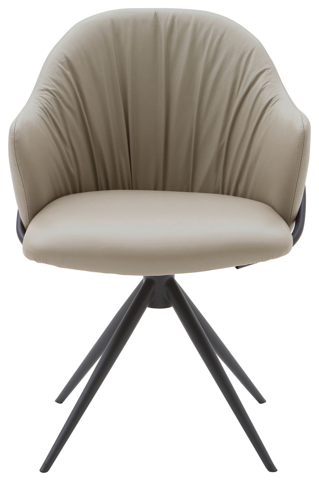 Moderner Armlehnstuhl mit beigem Polster und schwarzem Metallgestell, Frontalansicht