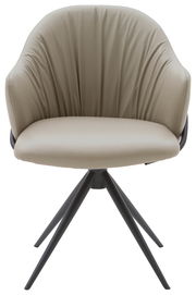 Moderner Armlehnstuhl mit beigem Polster und schwarzem Metallgestell, Frontalansicht