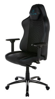 Schwarzer Gaming-Stuhl mit blauen Nähten und verstellbaren Armlehnen, seitliche Perspektive