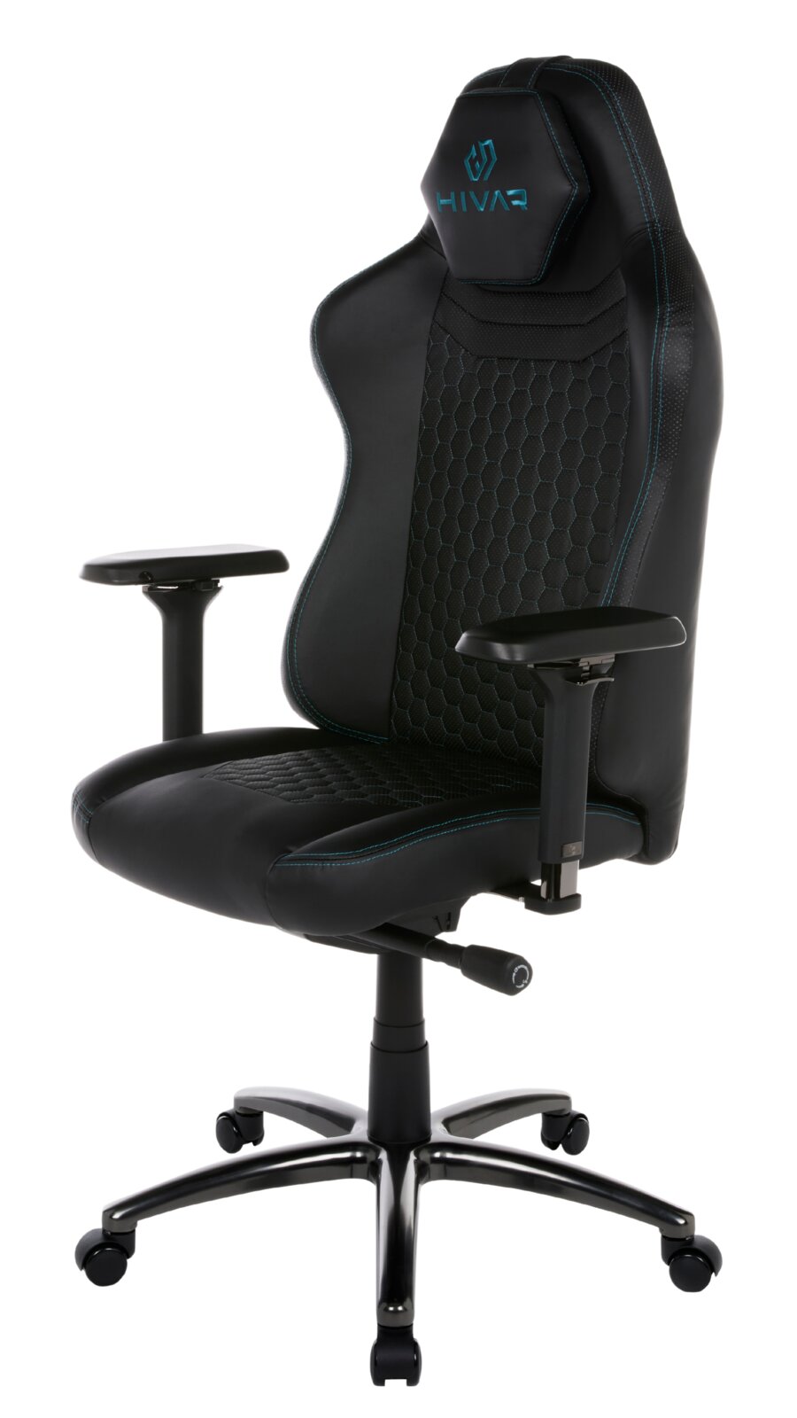 Schwarzer Gaming-Stuhl mit blauen Nähten und verstellbaren Armlehnen, seitliche Perspektive