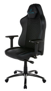 Schwarzer Gaming-Stuhl mit blauen Nähten und verstellbaren Armlehnen, seitliche Perspektive