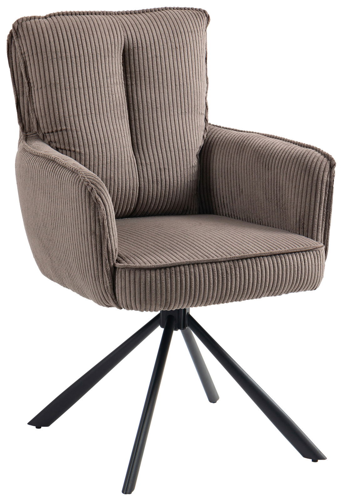 Landscape Sessel ASHER Moderner Sessel mit geripptem Stoffbezug in Braun, auf schwarzem Metallgestell, seitliche Perspektive