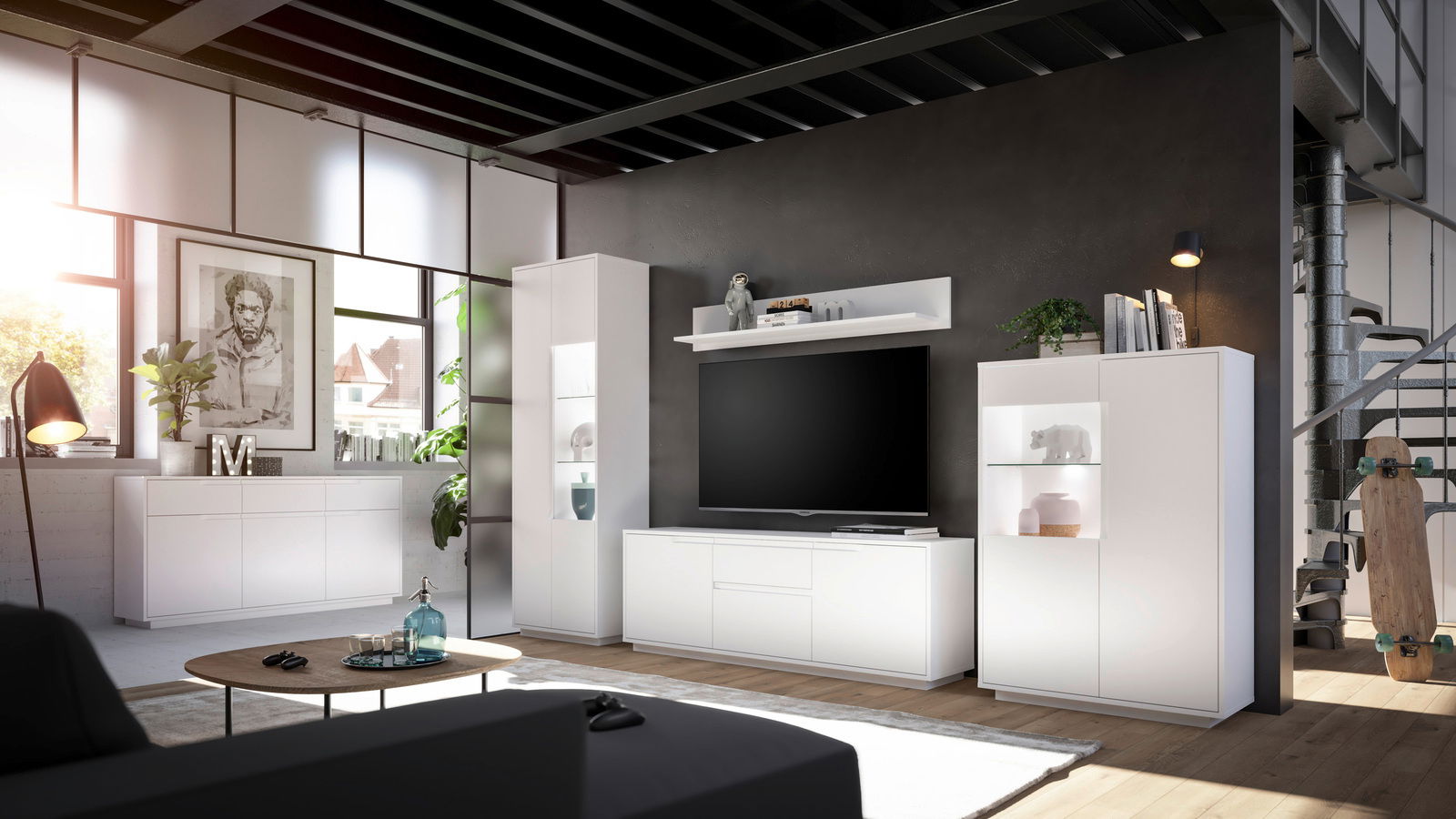 Modernes weißes Sideboard in einem stilvollen Wohnzimmer, frontal betrachtet.