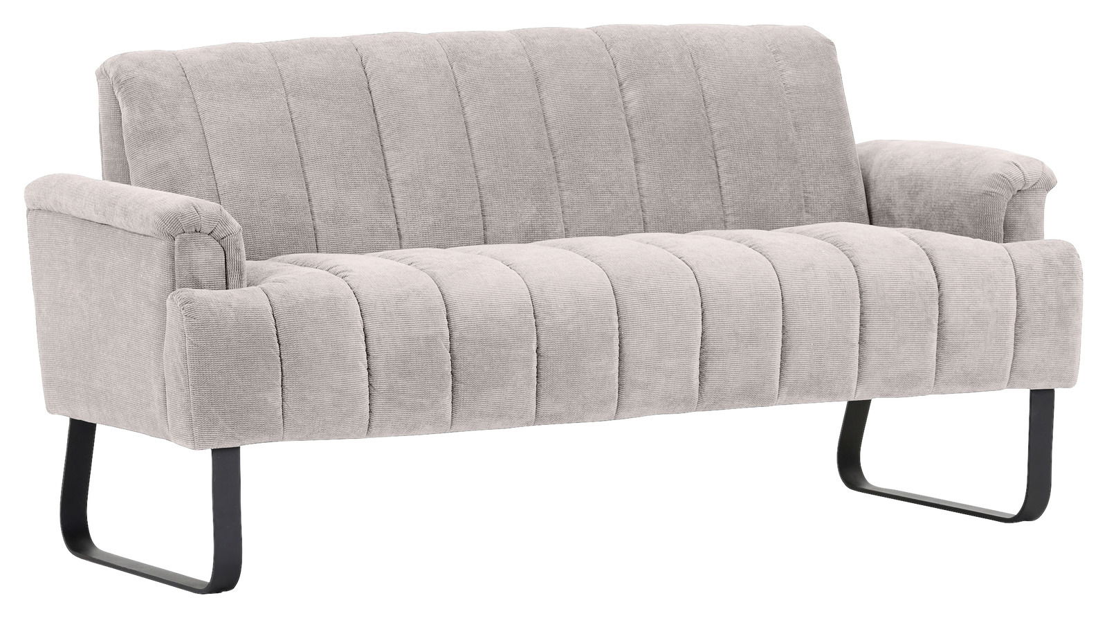 Novel 2,5er-Sitzbank LAILA Graue 2,5er-Sitzbank mit gestepptem Stoffbezug und schwarzen Metallbeinen, seitliche Perspektive