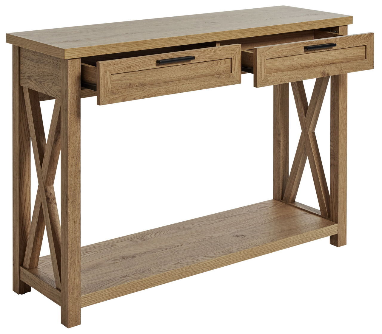 Holzkonsole mit zwei Schubladen und X-förmigen Seitenteilen, seitliche Perspektive