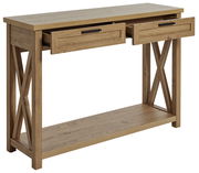 Holzkonsole mit zwei Schubladen und X-förmigen Seitenteilen, seitliche Perspektive