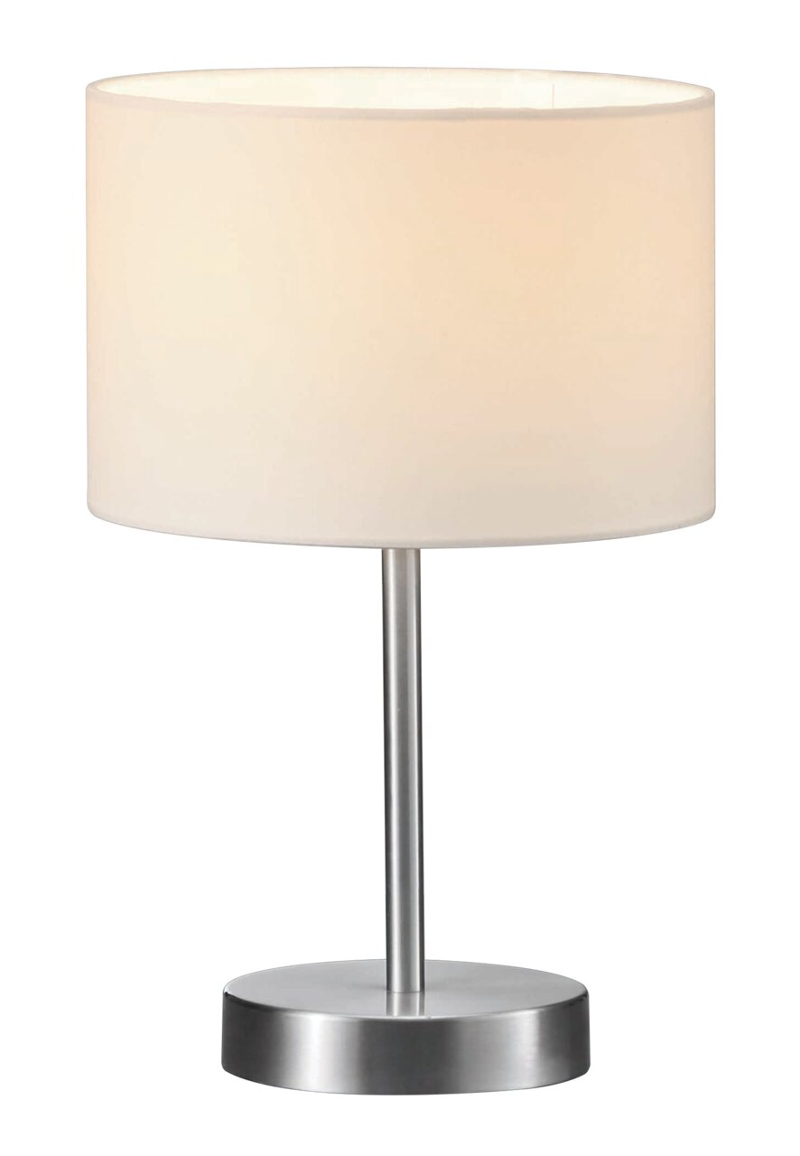 Tischlampe mit rundem, weißem Lampenschirm und silbernem Standfuß, seitliche Perspektive