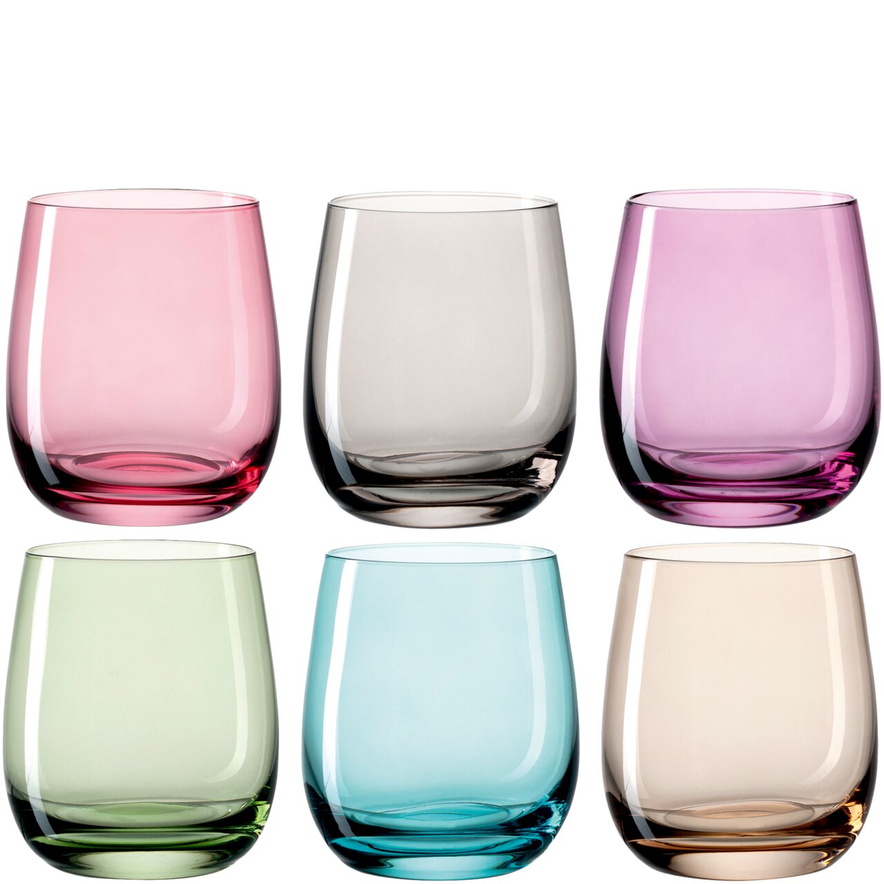 Set aus sechs bunten Trinkgläsern in verschiedenen Farben, frontal abgebildet.