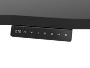 Nahaufnahme der Bedienelemente eines E-Schreibtischs mit digitaler Anzeige und Tasten zur Höhenverstellung.