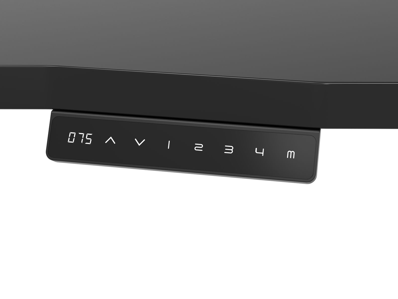 Nahaufnahme der Bedienelemente eines E-Schreibtischs mit digitaler Anzeige und Tasten zur Höhenverstellung.