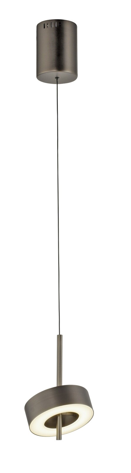 Moderne Pendelleuchte Q-ROTATE in seitlicher Perspektive, mit einem schwenkbaren, ringförmigen Leuchtkörper in elegantem Metallfinish.