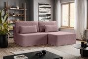 Modernes Schlafsofa in L-Form mit rechter Ausrichtung in einem gemütlichen Wohnzimmer, seitliche Perspektive