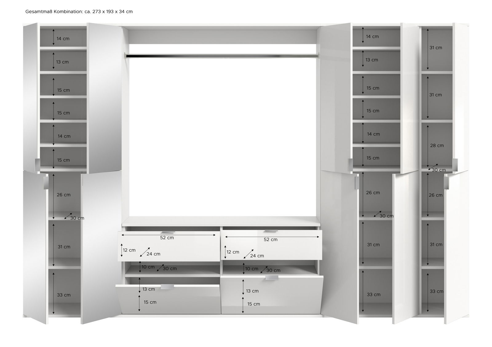 Frontale Ansicht einer Garderobenkombination mit mehreren Schränken, Regalen und Schubladen, ca. 273 x 193 x 34 cm groß.