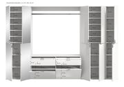 Frontale Ansicht einer Garderobenkombination mit mehreren Schränken, Regalen und Schubladen, ca. 273 x 193 x 34 cm groß.