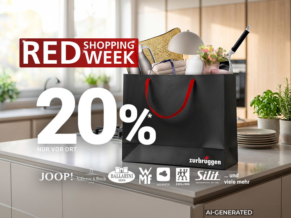 Zwarte Zurbrüggen-shopper met woonaccessoires in moderne keuken tijdens de RED Shopping Week. (AI-gegenereerd)