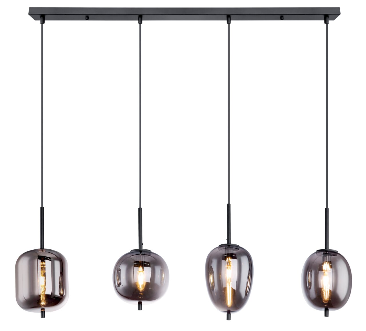 Globo Lighting Hängeleuchte BLACKY Moderne Hängeleuchte BLACKY mit vier rauchgrauen Glaskugeln, frontal betrachtet.