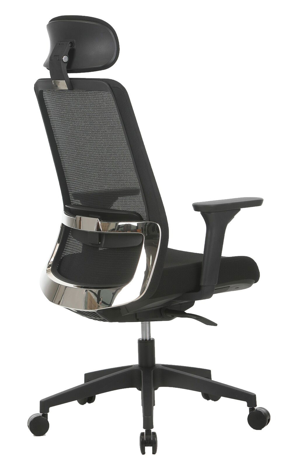 Rückansicht eines ergonomischen Drehstuhls mit Netzrückenlehne und verstellbarer Kopfstütze