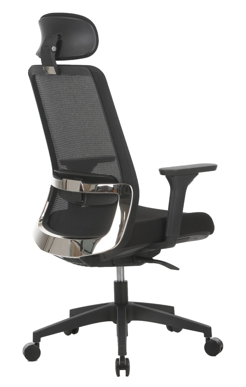 Rückansicht eines ergonomischen Drehstuhls mit Netzrückenlehne und verstellbarer Kopfstütze