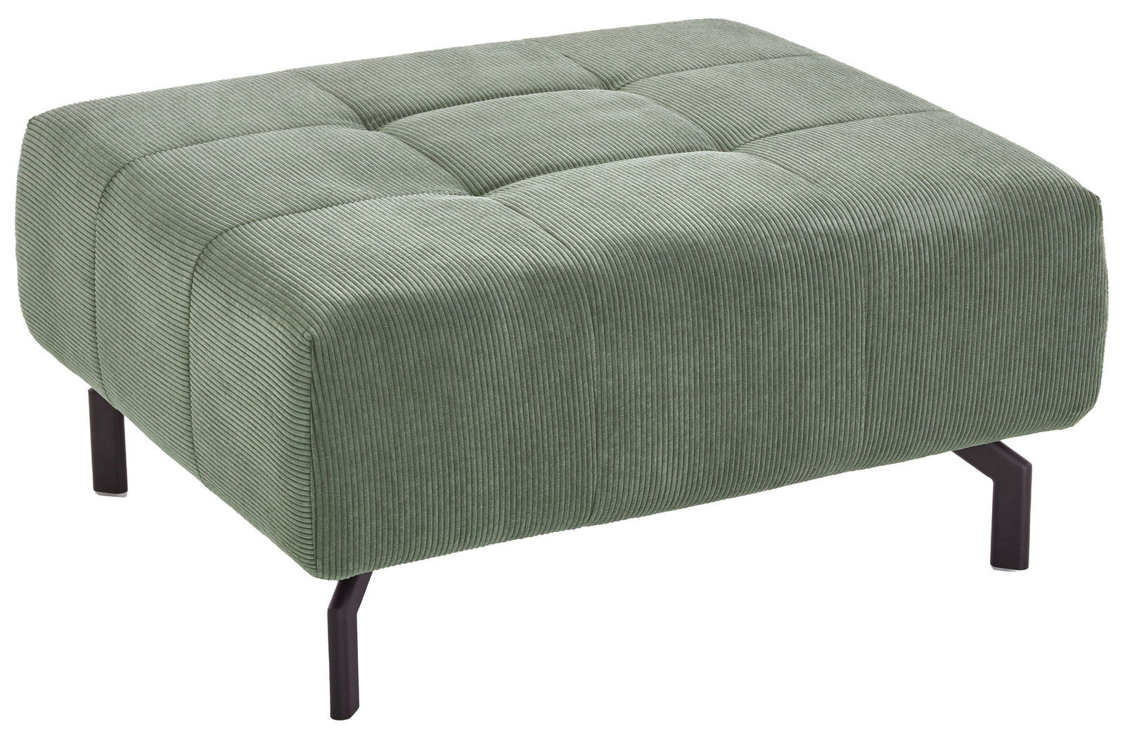 Grüner XL-Hocker mit geripptem Stoffbezug, seitliche Perspektive