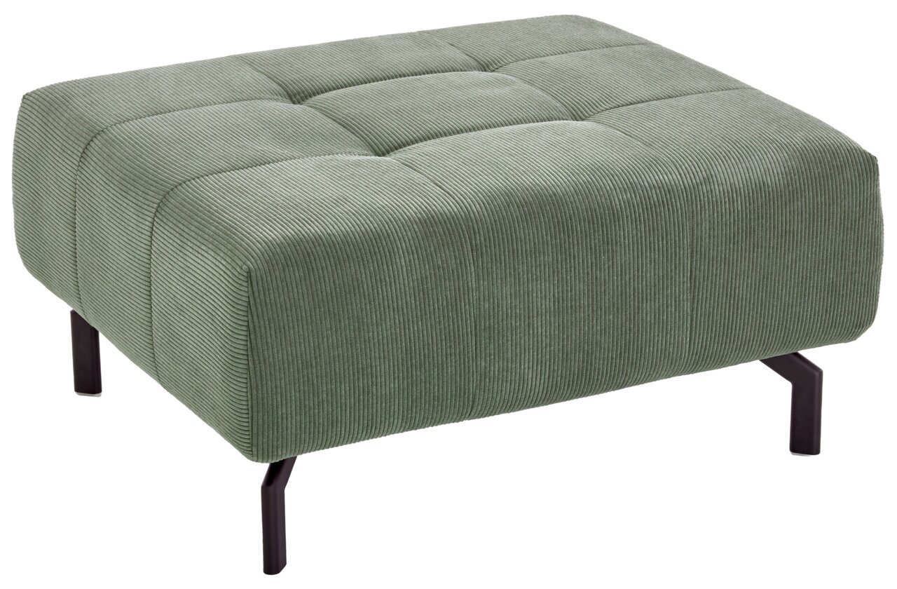 Grüner XL-Hocker mit geripptem Stoffbezug, seitliche Perspektive