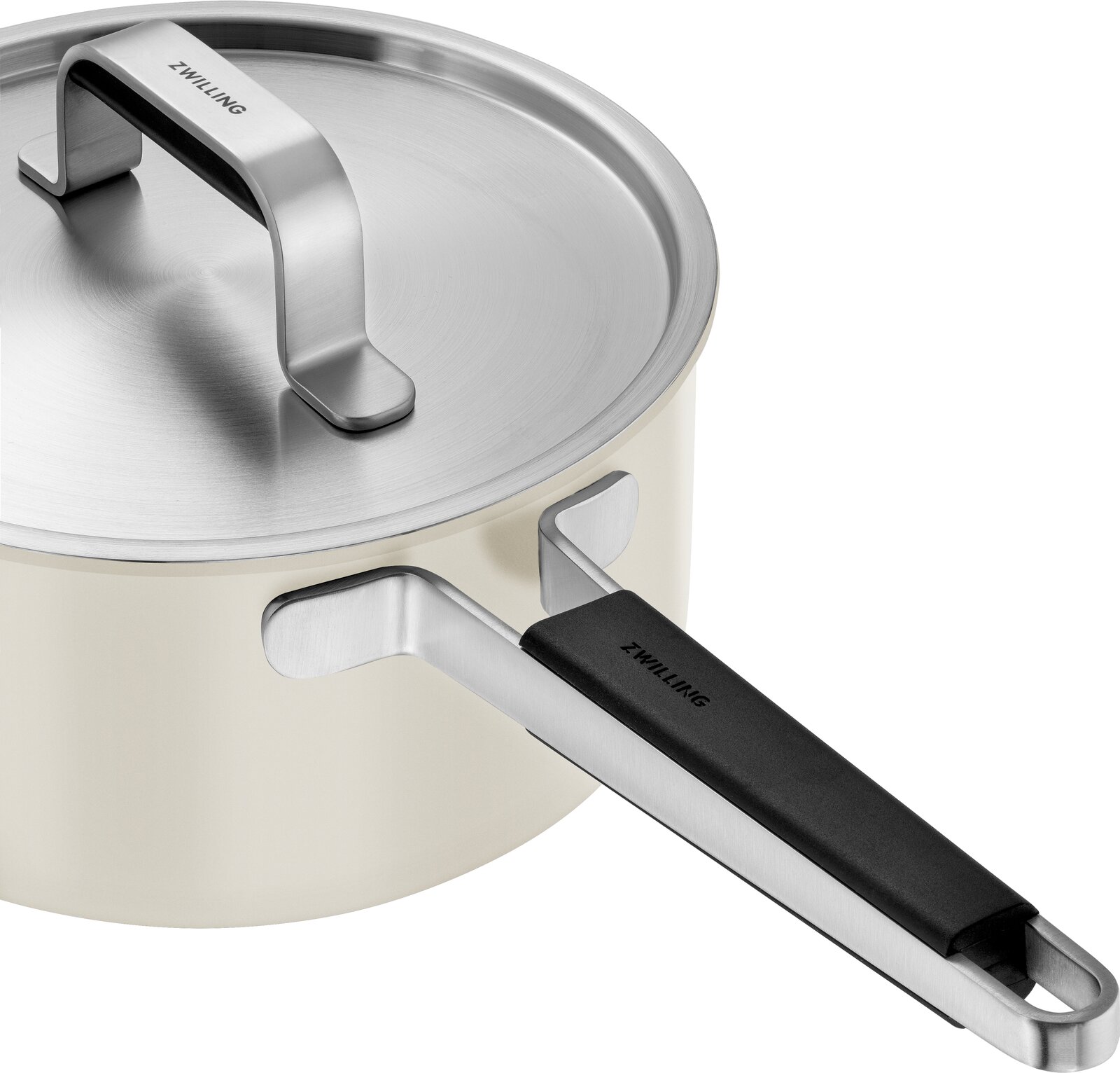 Topf aus Edelstahl mit Deckel und Griff, seitliche Perspektive