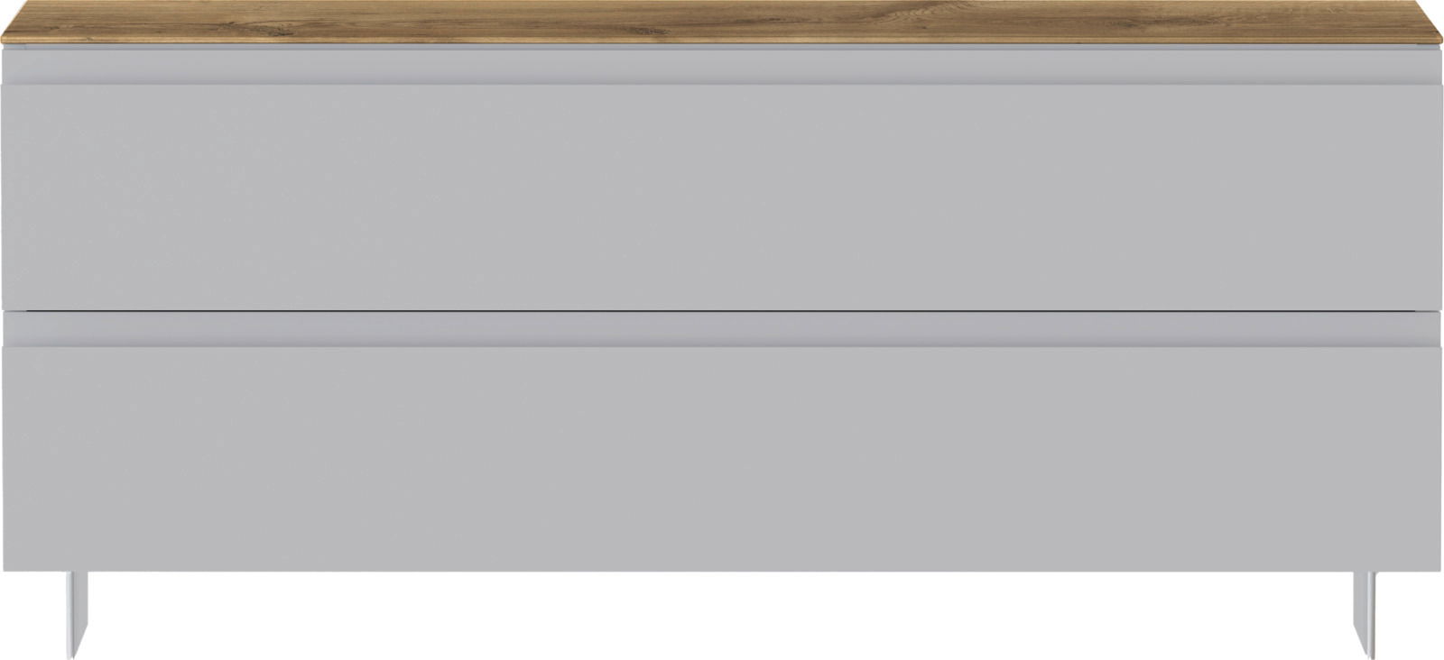 Frontansicht einer modernen Garderobenbank mit zwei Schubladen in grauer Farbe und einer Holzoberfläche.