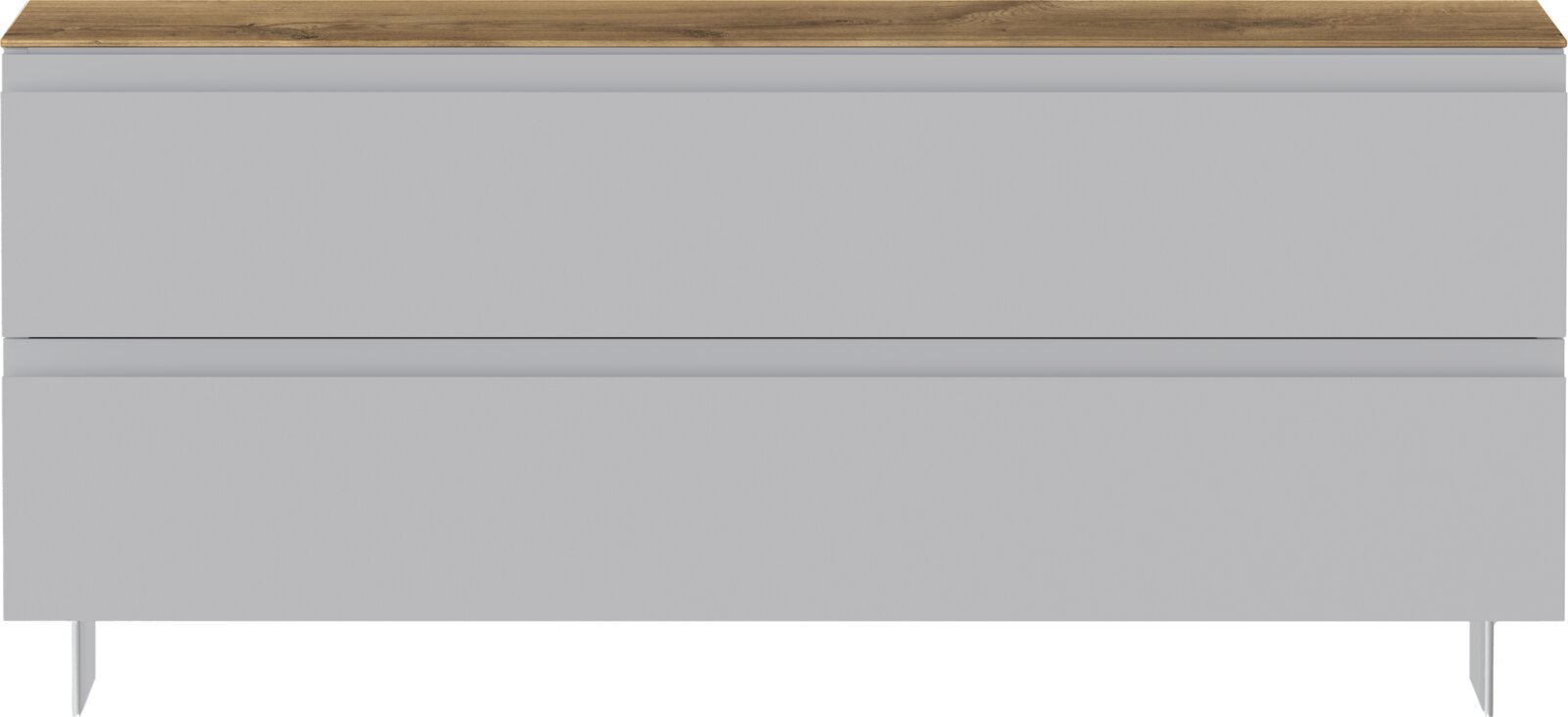 Moderano Garderobenbank LECCO Frontansicht einer modernen Garderobenbank mit zwei Schubladen in grauer Farbe und einer Holzoberfläche.