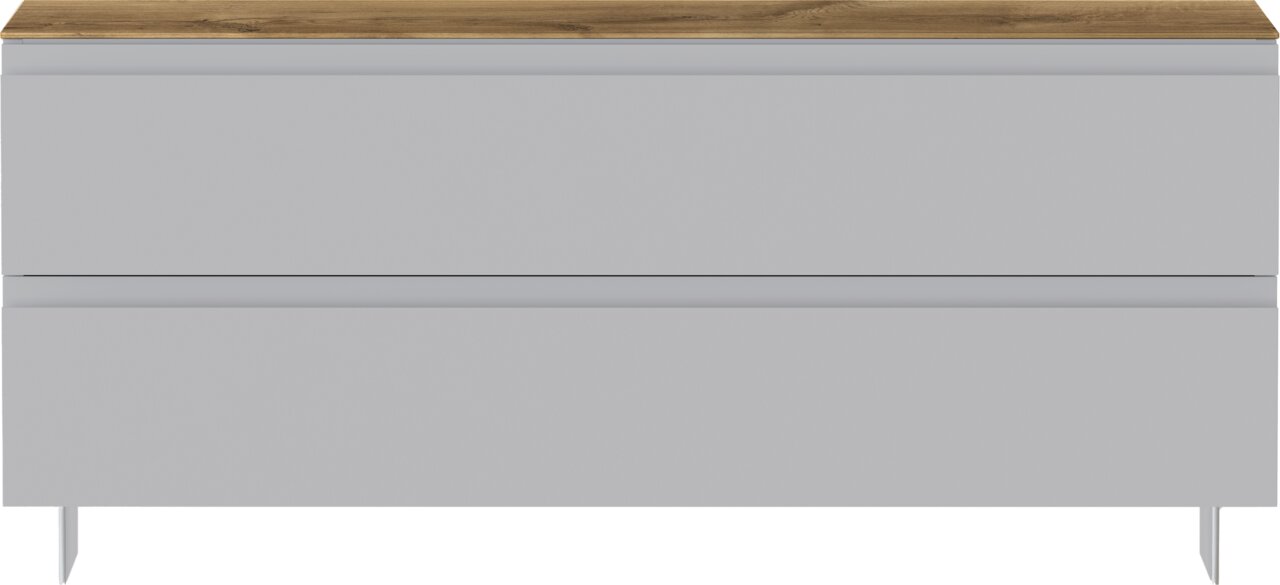 Frontansicht einer modernen Garderobenbank mit zwei Schubladen in grauer Farbe und einer Holzoberfläche.