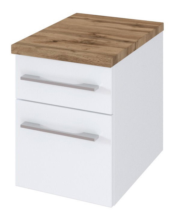 Moderner Unterschrank mit zwei Schubladen, weißem Korpus und Holzoptik-Arbeitsplatte, perspektivisch von vorne rechts betrachtet.