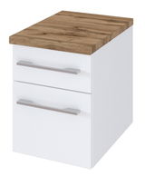 Moderner Unterschrank mit zwei Schubladen, weißem Korpus und Holzoptik-Arbeitsplatte, perspektivisch von vorne rechts betrachtet.