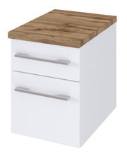 Moderner Unterschrank mit zwei Schubladen, weißem Korpus und Holzoptik-Arbeitsplatte, perspektivisch von vorne rechts betrachtet.