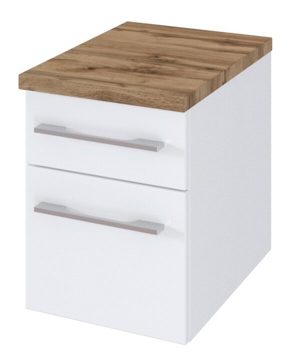 XORA Unterschrank DAVOS Moderner Unterschrank mit zwei Schubladen, weißem Korpus und Holzoptik-Arbeitsplatte, perspektivisch von vorne rechts betrachtet.