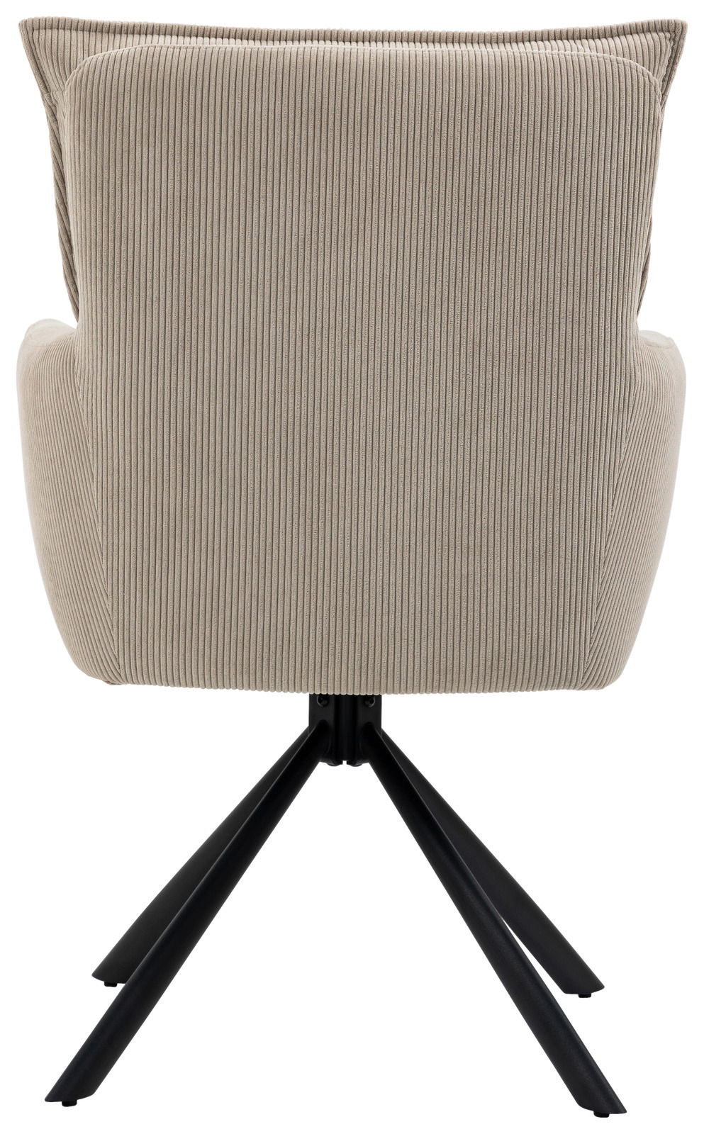 Rückansicht eines beigen Sessels mit geripptem Stoffbezug und schwarzem Metallgestell.