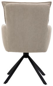 Rückansicht eines beigen Sessels mit geripptem Stoffbezug und schwarzem Metallgestell.