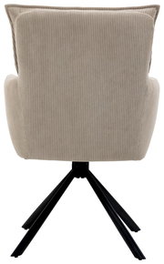 Rückansicht eines beigen Sessels mit geripptem Stoffbezug und schwarzem Metallgestell.