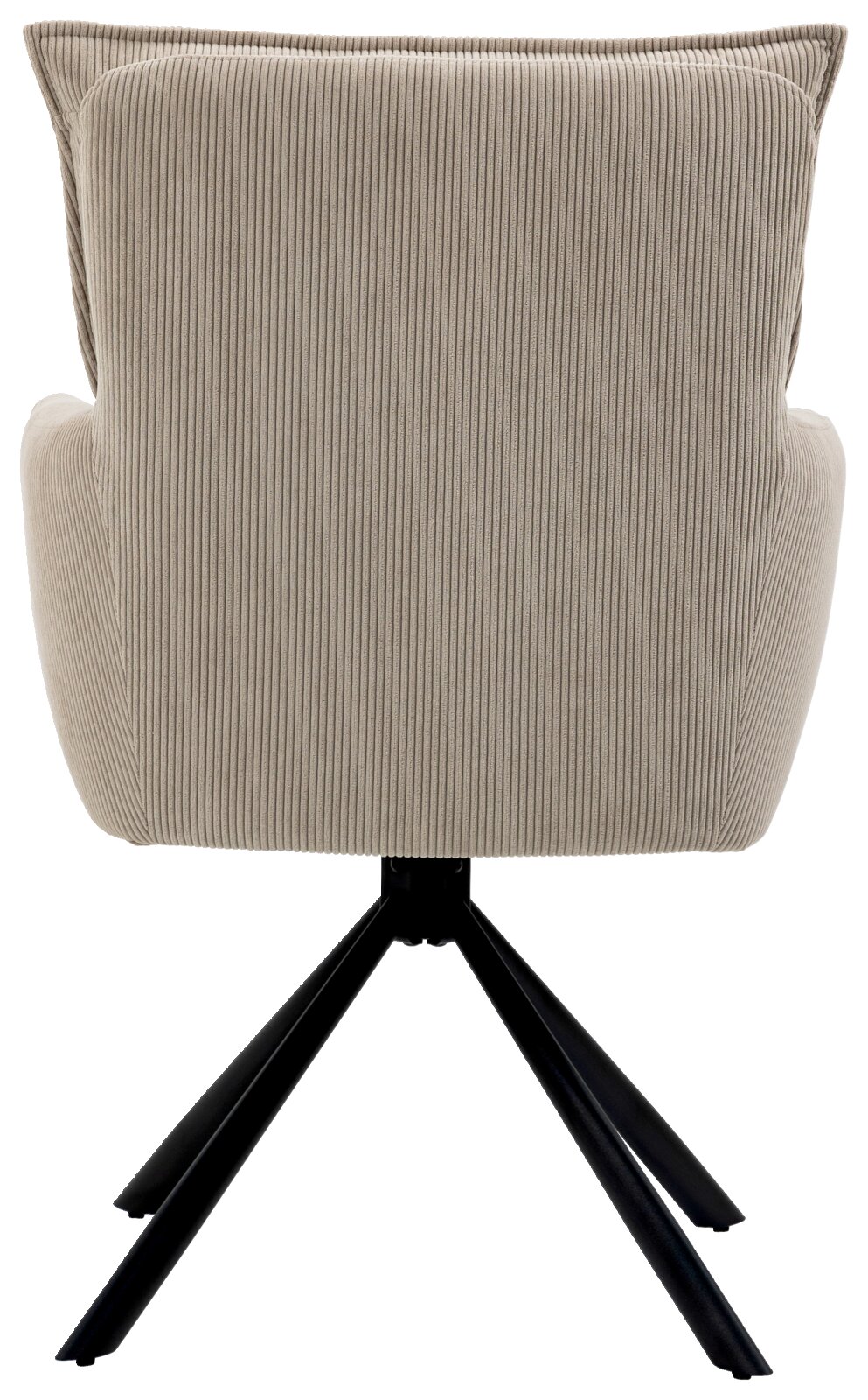 Achterkant van een beige fauteuil met geribbelde stoffen bekleding en een zwart metalen frame.