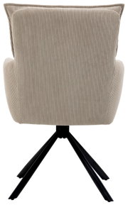 Achterkant van een beige fauteuil met geribbelde stoffen bekleding en een zwart metalen frame.