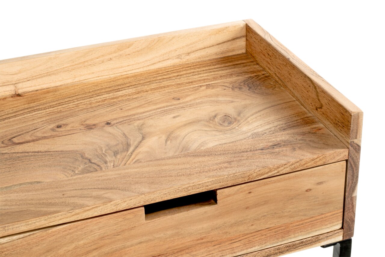 Close-up van een houten console met natuurlijke nerf en een lade, gefotografeerd vanuit vogelperspectief.